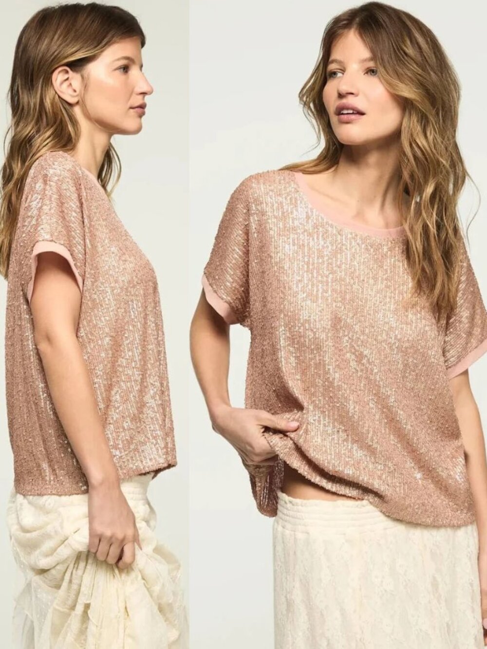 NEW Lucky Brand Blush Pink Sequin Short Sleeve Crewneck Top Blouse Size L $70